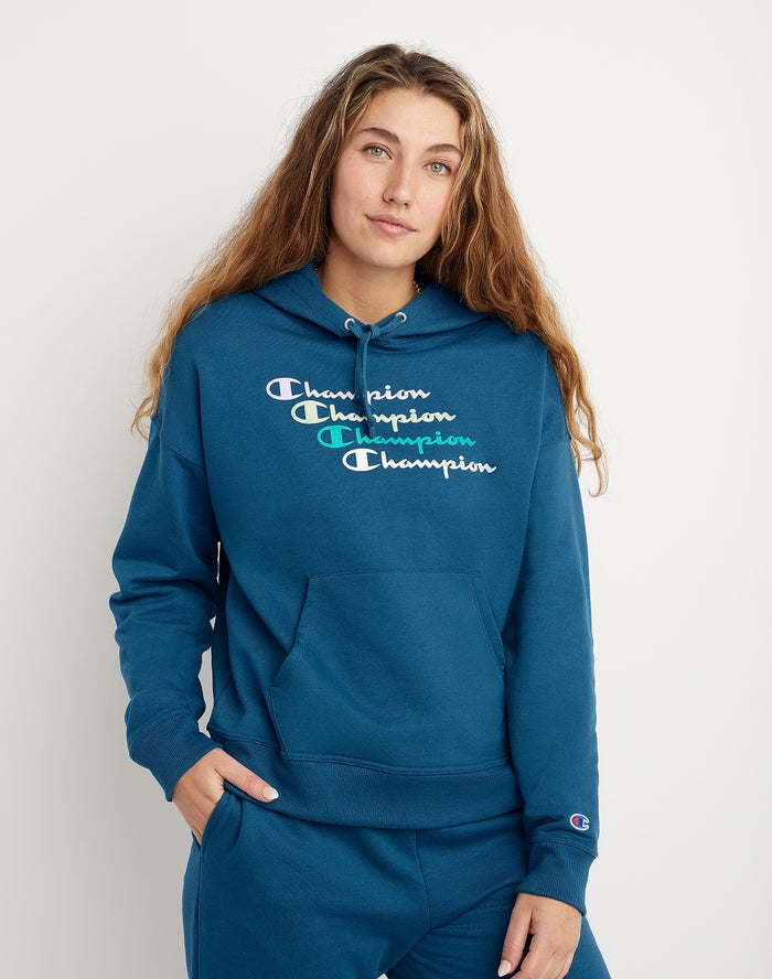 Champion Dame Hættetrøje Blå - Powerblend Fleece Relaxed Stacked Scripts Logo - Danmark YHF-638251